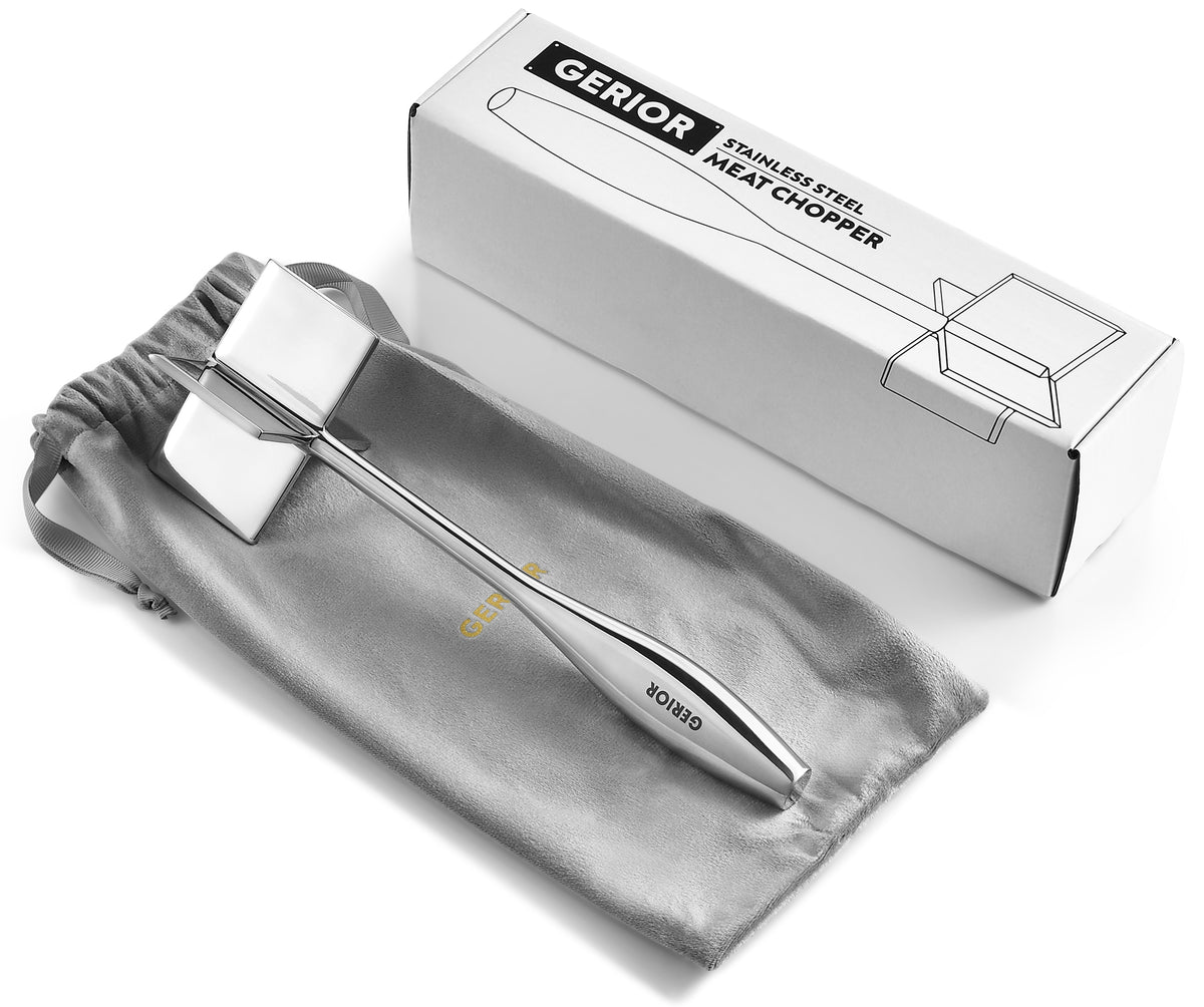 Gerior meat chopper with its grey velvet storage pouch and white gift box
