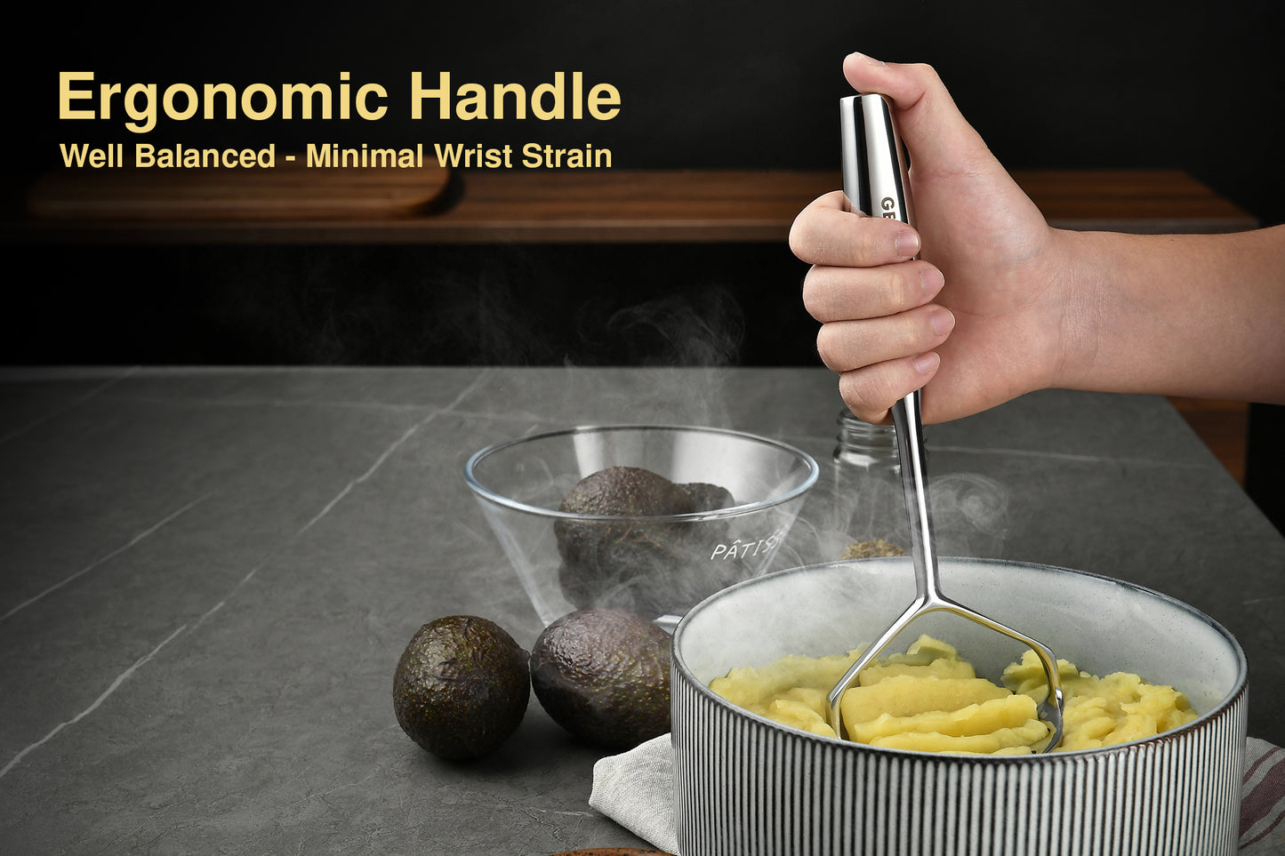 Heavy Duty Potato Masher - Solid 304 Stainless Steel - Mirror Polished