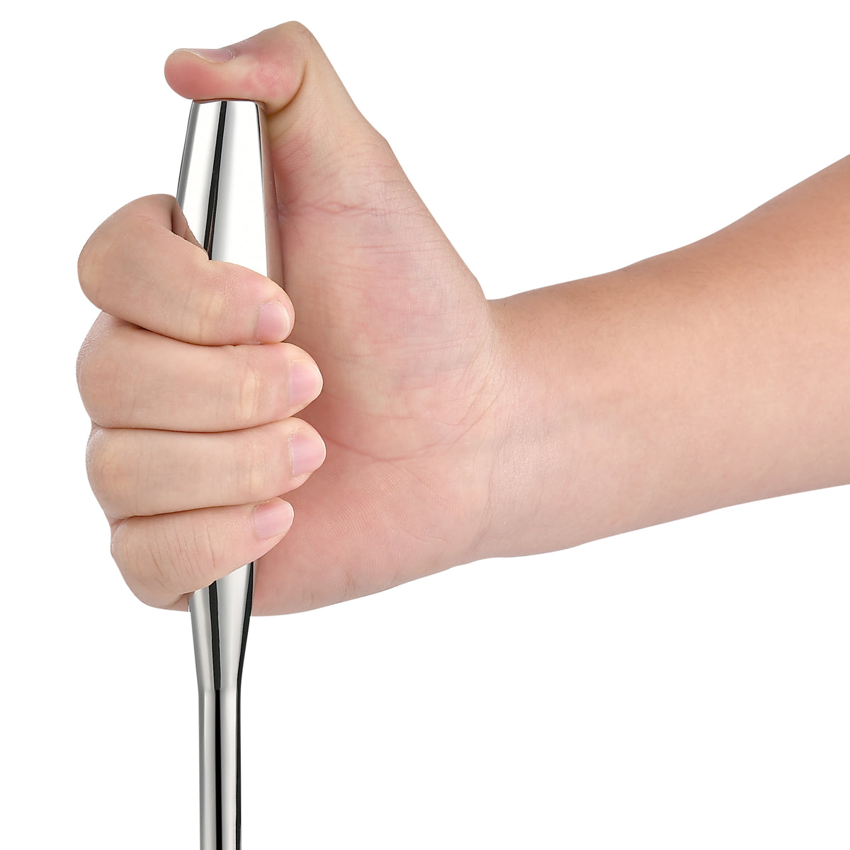  Hand gripping the tapered stainless steel handle of the Gerior
meat chopper